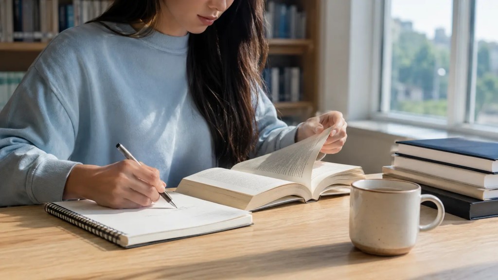 本を読みながらノートに考えをまとめる学生