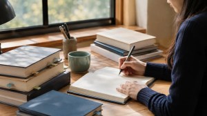 本を読みノートに考えをまとめる学生