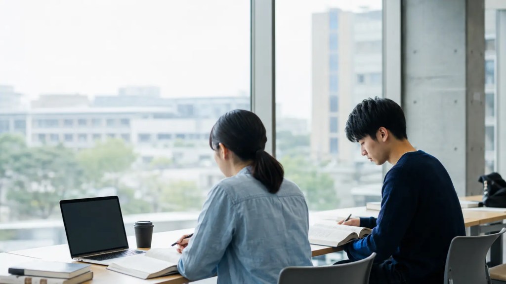 明るい学習空間で、社会科学の本とノートを広げて学ぶイメージ