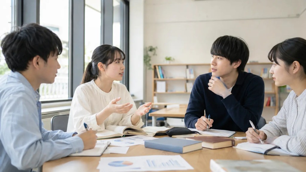 資料と本を囲んで社会科学について議論する学生たち