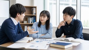 資料と本を囲んで社会科学を議論する学生