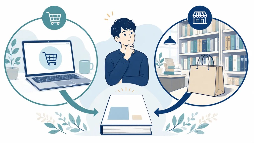 オンライン購入と書店購入の選択肢を比較するイラスト
